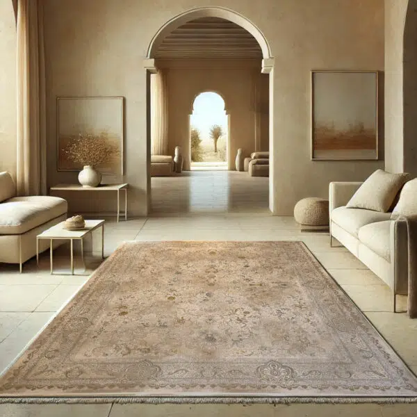 Luxurious Noor Carpet featuring an intricate distressed pattern in warm beige and gold tones, enhancing a modern Arabian interior.