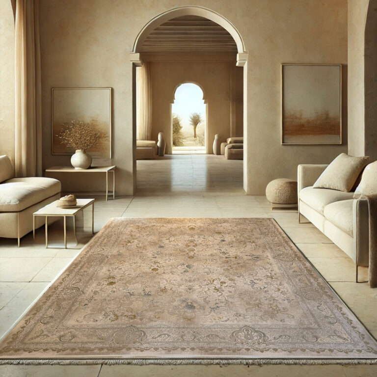 Luxurious Noor Carpet featuring an intricate distressed pattern in warm beige and gold tones, enhancing a modern Arabian interior.