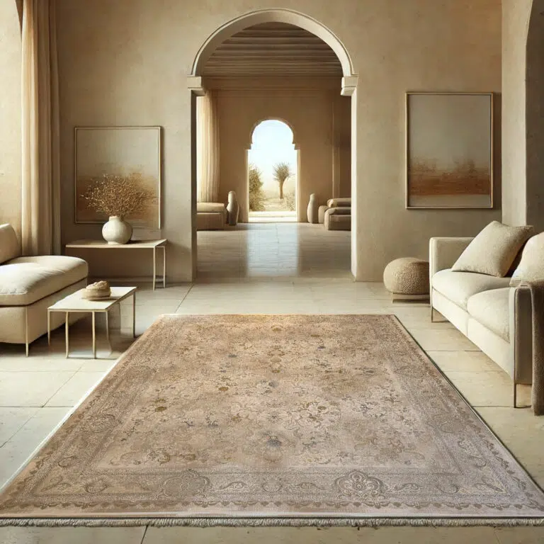Luxurious Noor Carpet featuring an intricate distressed pattern in warm beige and gold tones, enhancing a modern Arabian interior.