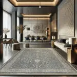 Classic Persian-inspired Riyadh Carpet in deep grey and beige, designed for luxury majlis settings and premium interiors.