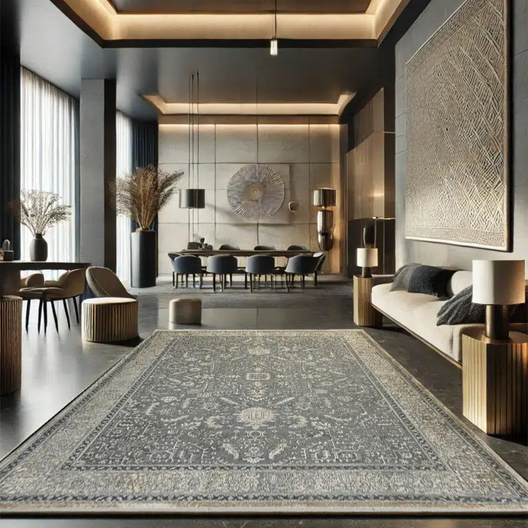 Classic Persian-inspired Riyadh Carpet in deep grey and beige, designed for luxury majlis settings and premium interiors.