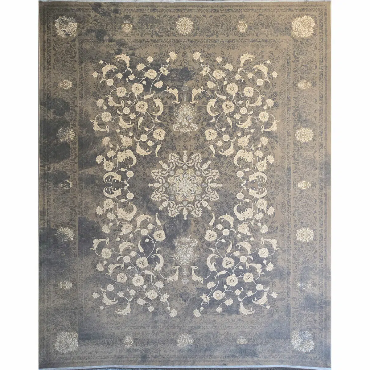 Royal Bloom Carpet in a deep blue-gray palette, featuring intricate floral motifs and 1200 reeds weaving, perfect for elegant and luxurious interior spaces.