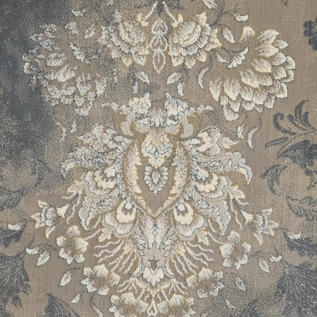 Intricate floral and ornamental motifs on the Royal Bloom Carpet, showcasing the luxurious high-density 1200 reeds weaving in a blue-gray palette.