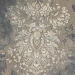 Intricate floral and ornamental motifs on the Royal Bloom Carpet, showcasing the luxurious high-density 1200 reeds weaving in a blue-gray palette.