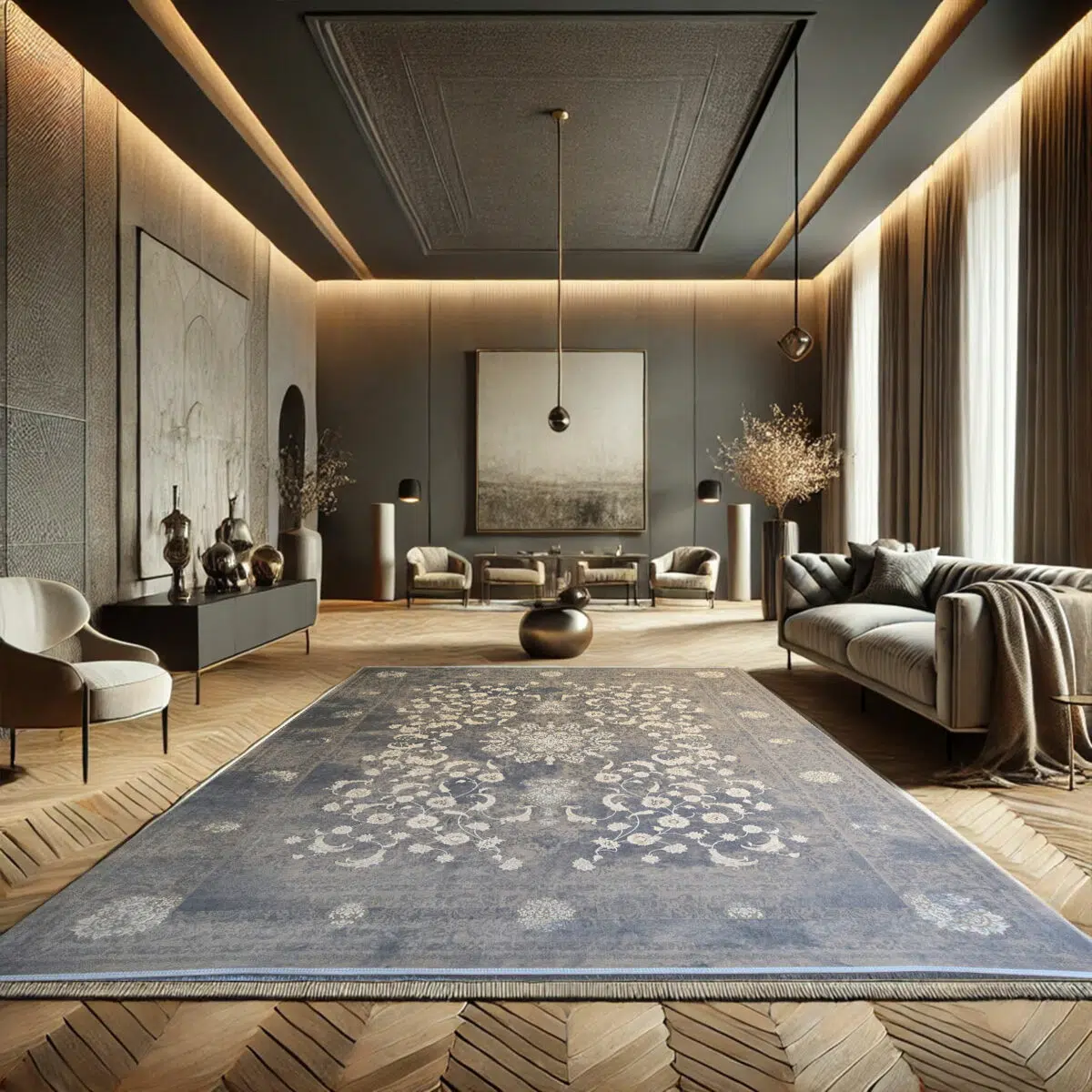 Royal Bloom Carpet in a modern luxury living room, featuring a detailed floral design with a deep blue-gray color palette and 1200 reeds weaving for high-end interior décor.