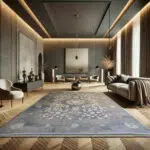 Royal Bloom Carpet in a modern luxury living room, featuring a detailed floral design with a deep blue-gray color palette and 1200 reeds weaving for high-end interior décor.