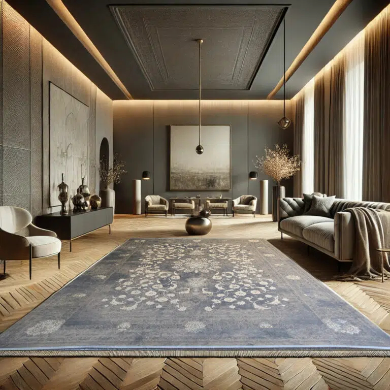 Royal Bloom Carpet in a modern luxury living room, featuring a detailed floral design with a deep blue-gray color palette and 1200 reeds weaving for high-end interior décor.