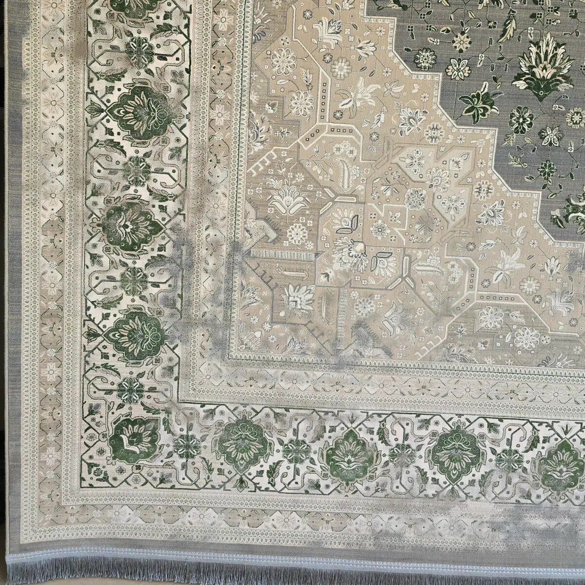 Handcrafted Royal Heriz Carpet featuring intricate medallion design with beige and green tones, perfect for luxury homes, hotels, and classic interiors.