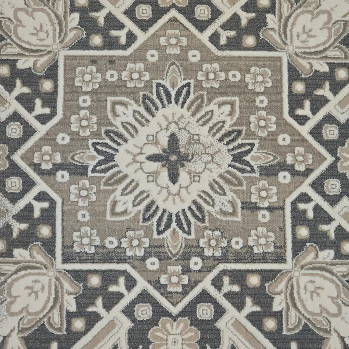 Close-up of the medallion design in Royal Heriz Carpet, featuring detailed geometric and floral patterns in beige, green, and grey tones.