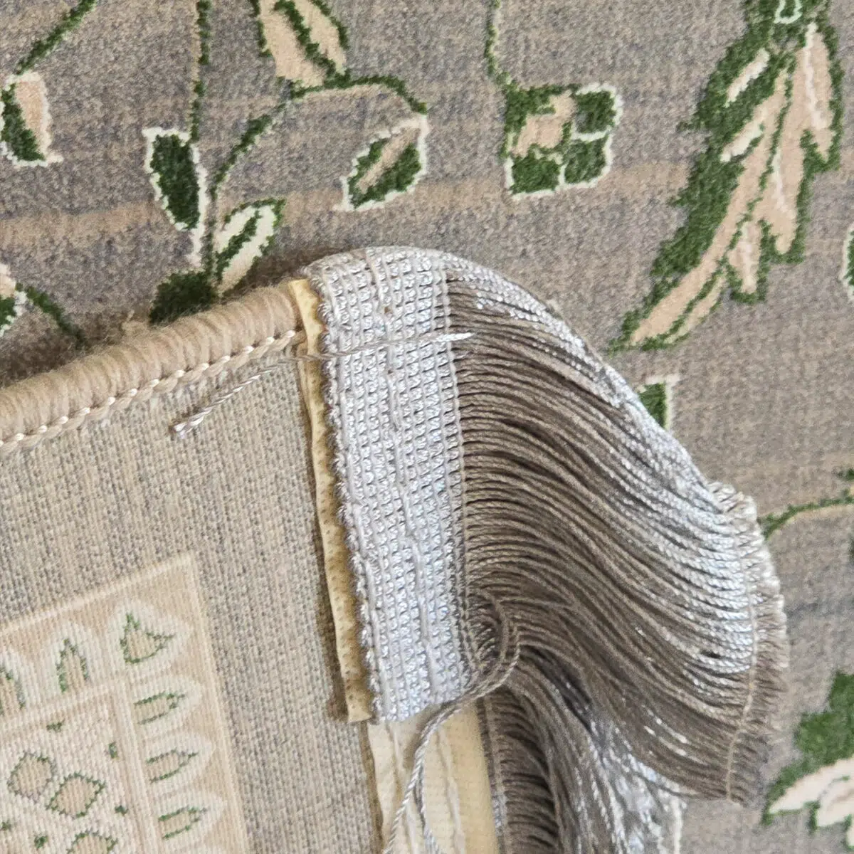 Close-up of the Royal Heriz Carpet’s finely woven fringe and durable backing, showcasing intricate craftsmanship, strong edging, and high-quality materials.