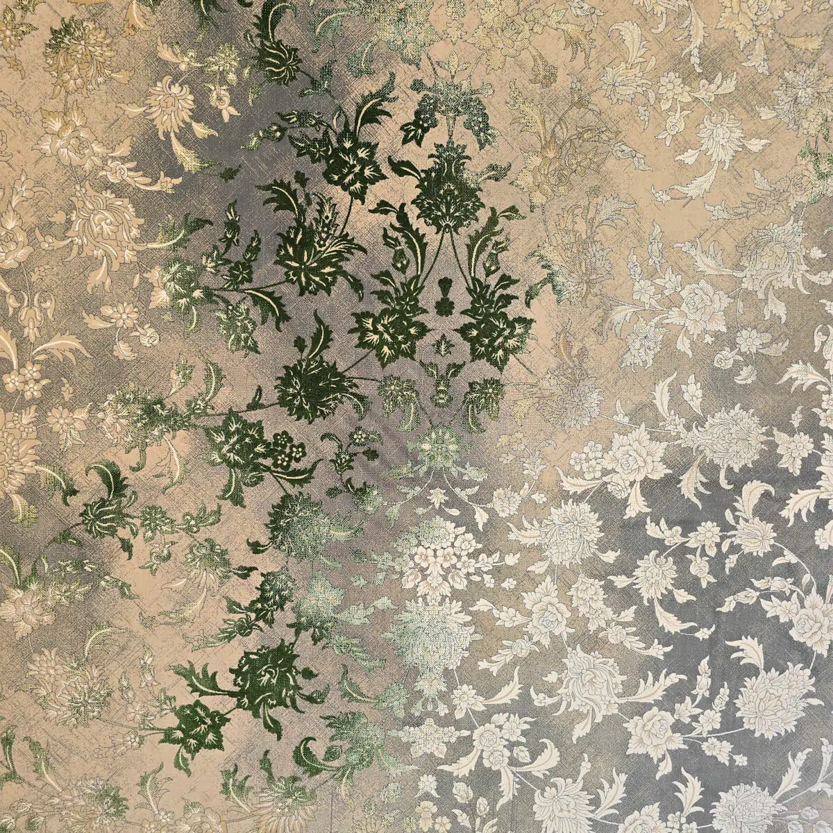 A detailed close-up of the Samarra Carpet’s floral motifs with soft beige, green, and gray hues.