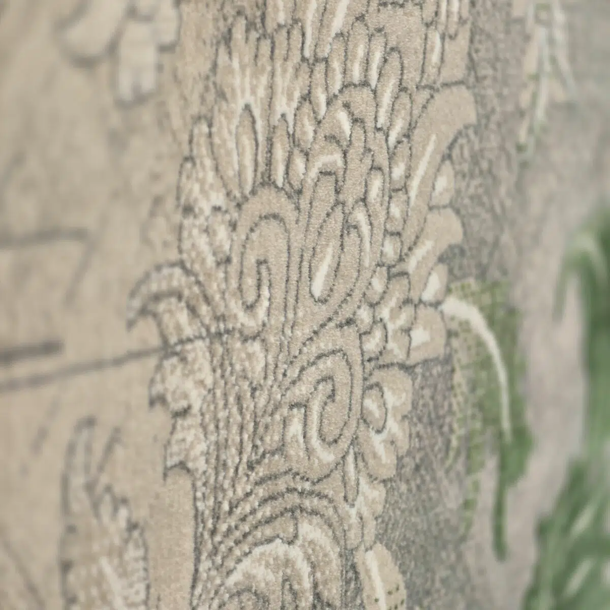 A close-up view of the Samarra Carpet’s intricate raised floral patterns, showcasing its luxurious texture and fine craftsmanship.