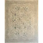 Seraphic Carpet in full view, showcasing its intricate Persian floral design in a luxurious beige and soft gold palette.