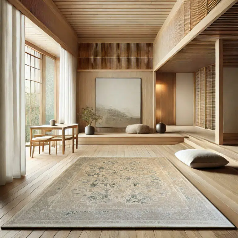 Seraphic Carpet placed in a serene, minimalist Japanese-inspired interior with warm wooden textures and soft lighting.
