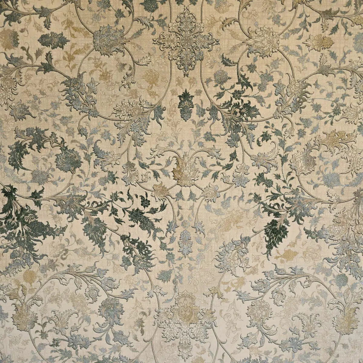 Seraphic Carpet featuring intricate floral motifs in soft beige, green, and blue hues, perfect for luxurious interiors.