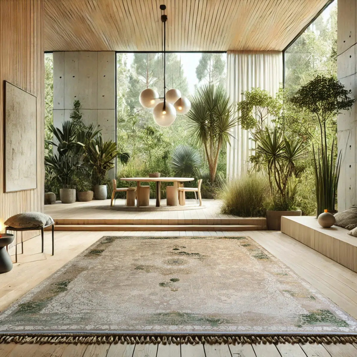 Sultan Carpet featuring an elegant beige and green design, placed in a modern natural-themed interior with wooden accents and lush greenery.