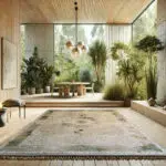 Sultan Carpet featuring an elegant beige and green design, placed in a modern natural-themed interior with wooden accents and lush greenery.