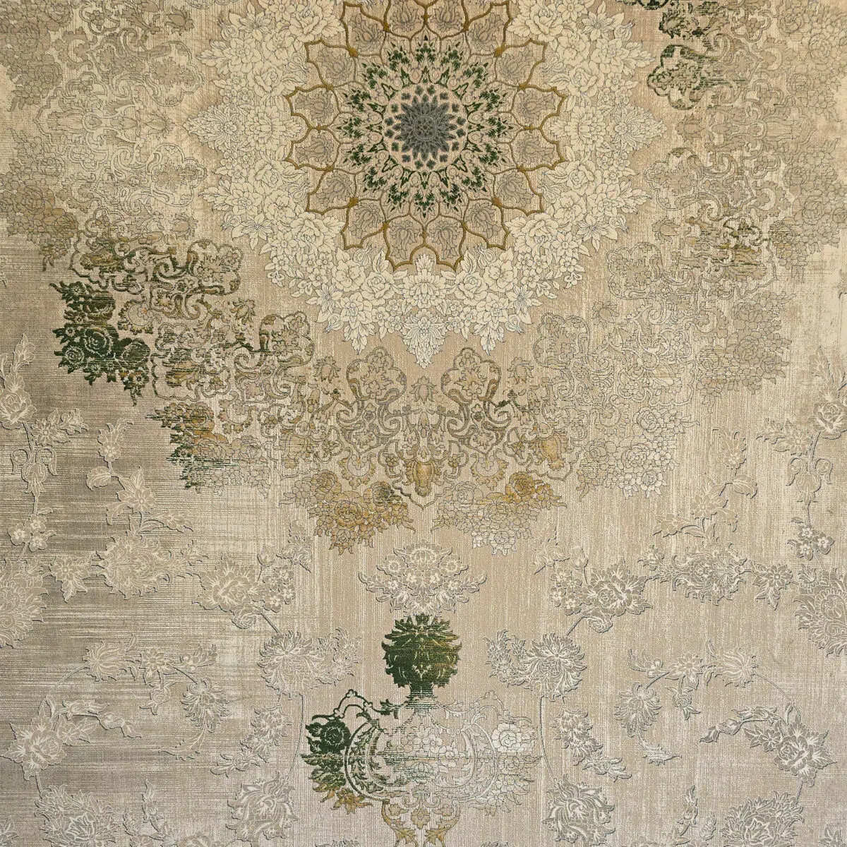 Close-up of Sultan Carpet’s intricate medallion featuring floral and geometric patterns in beige, gold, and green tones. • 📖 Description: A detailed view of the Sul