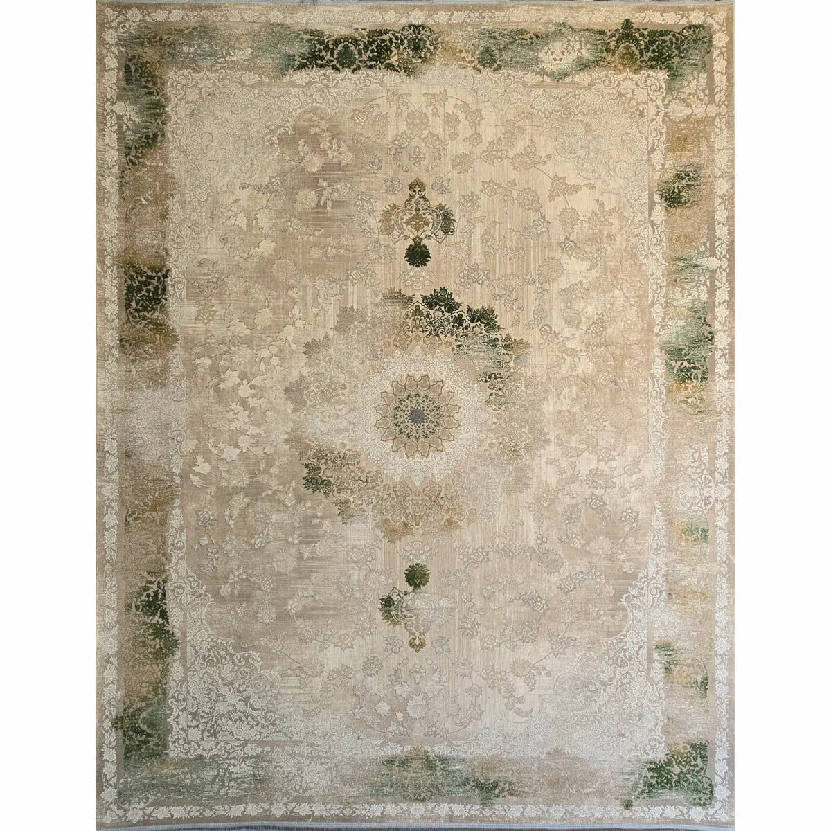 Sultan Carpet featuring an intricate medallion design with elegant beige, gold, and green accents, perfect for luxury interiors.