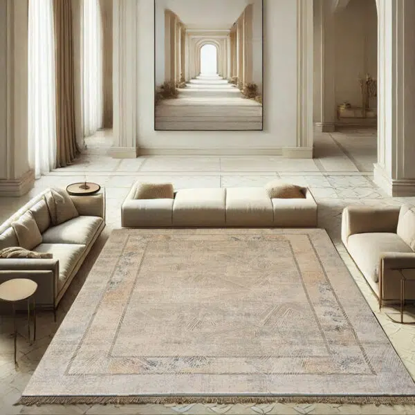 Beige and neutral-toned modern geometric rug with subtle tectonic-inspired patterns, perfect for minimalist and contemporary interiors.