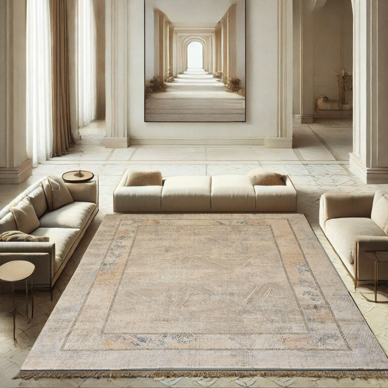 Beige and neutral-toned modern geometric rug with subtle tectonic-inspired patterns, perfect for minimalist and contemporary interiors.