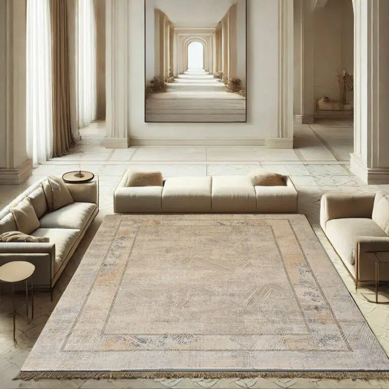 Beige and neutral-toned modern geometric rug with subtle tectonic-inspired patterns, perfect for minimalist and contemporary interiors.