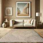 A luxurious Versailles Elegance Carpet, featuring intricate Persian motifs, distressed vintage aesthetics, and soft beige & blue tones, designed for high-end interiors and Gulf wholesale markets.