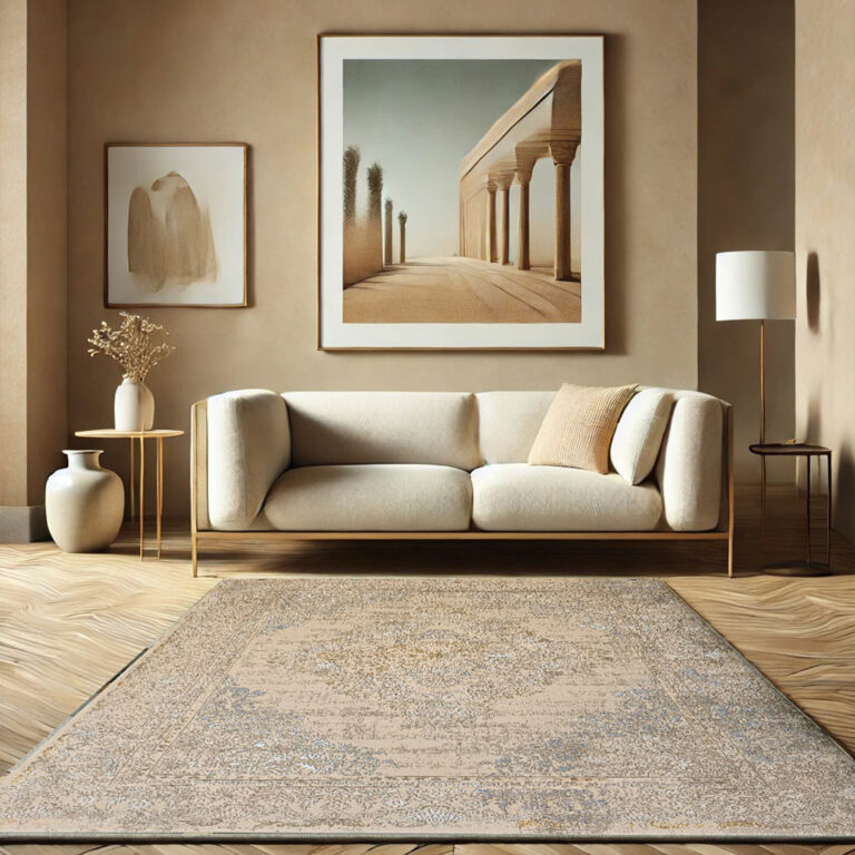 A luxurious Versailles Elegance Carpet, featuring intricate Persian motifs, distressed vintage aesthetics, and soft beige & blue tones, designed for high-end interiors and Gulf wholesale markets.