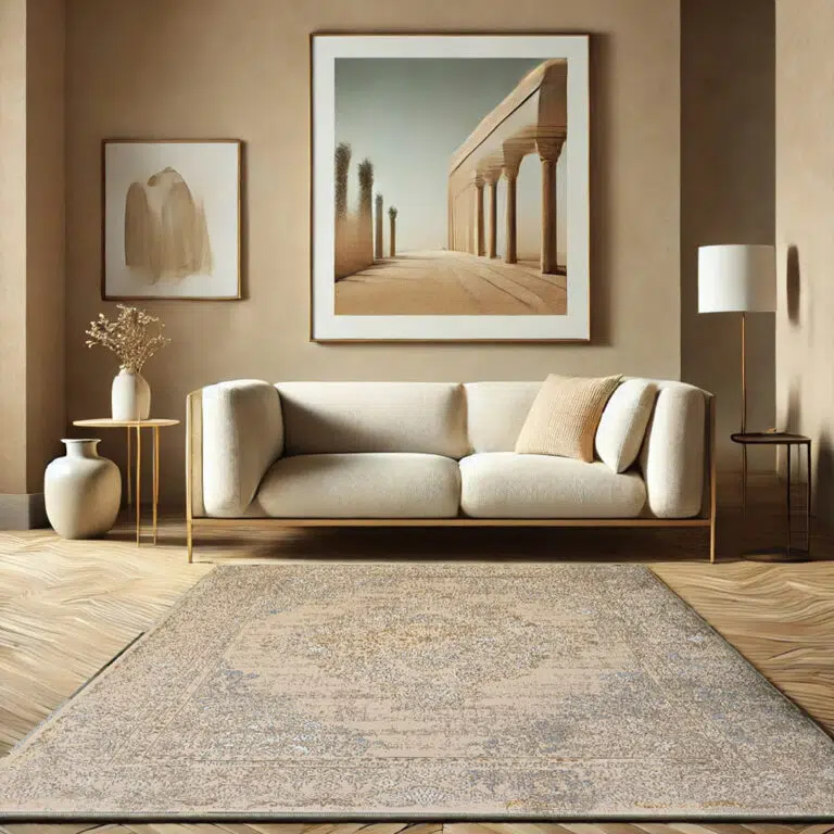 A luxurious Versailles Elegance Carpet, featuring intricate Persian motifs, distressed vintage aesthetics, and soft beige & blue tones, designed for high-end interiors and Gulf wholesale markets.