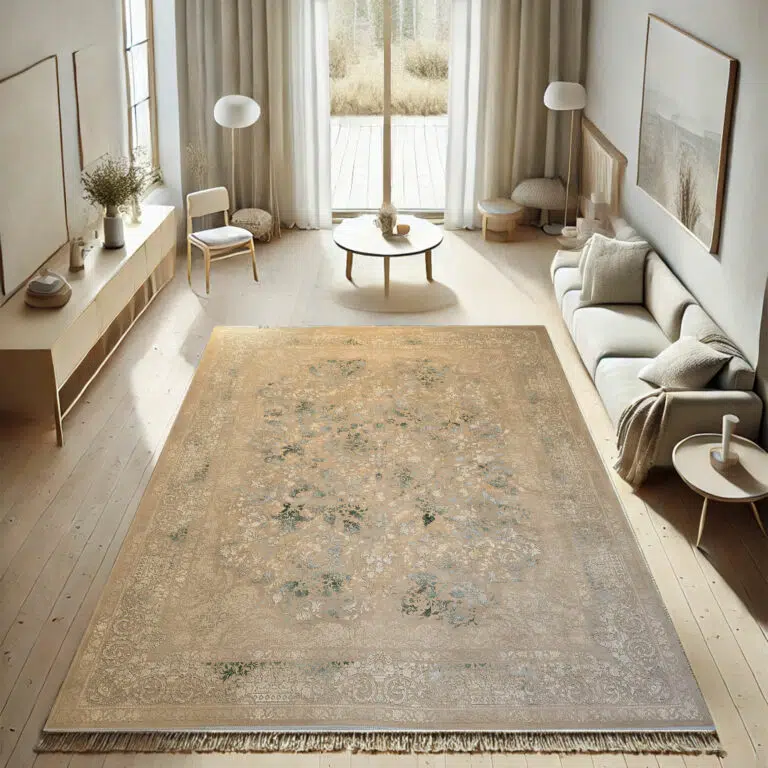 The Zamzam Carpet, a premium floral medallion rug with intricate beige and green detailing, placed in a modern, minimalist living space.