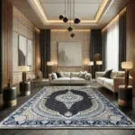 Black and gold classic Persian carpet with intricate floral motifs, perfect for luxury interiors.