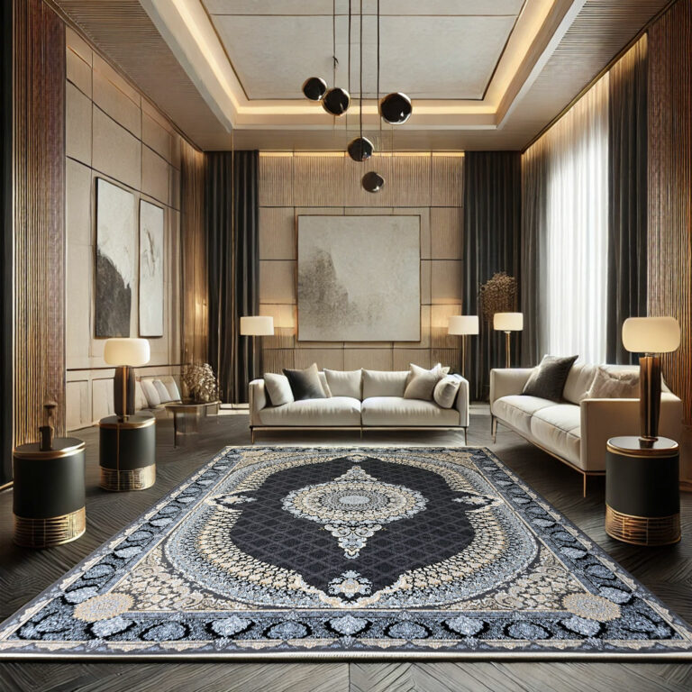 Black and gold classic Persian carpet with intricate floral motifs, perfect for luxury interiors.
