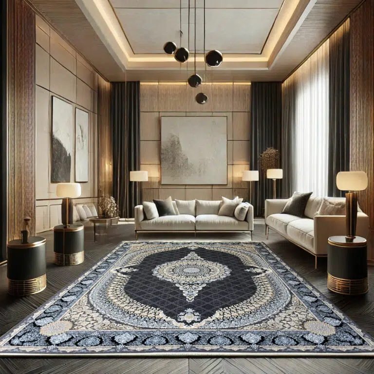 Black and gold classic Persian carpet with intricate floral motifs, perfect for luxury interiors.