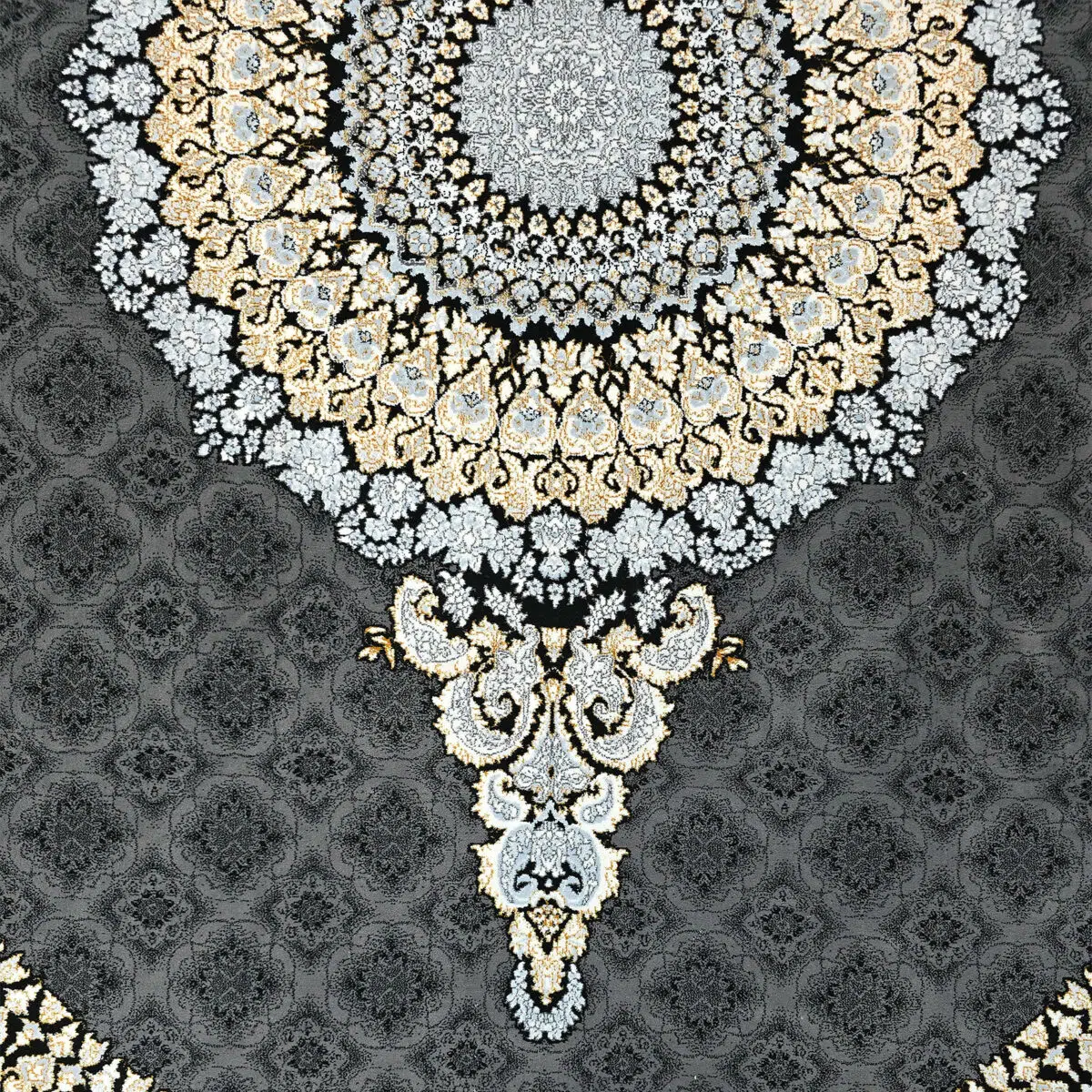 A detailed image of the central medallion pattern on the Doha Majesty Carpet, featuring intricate floral detailing.