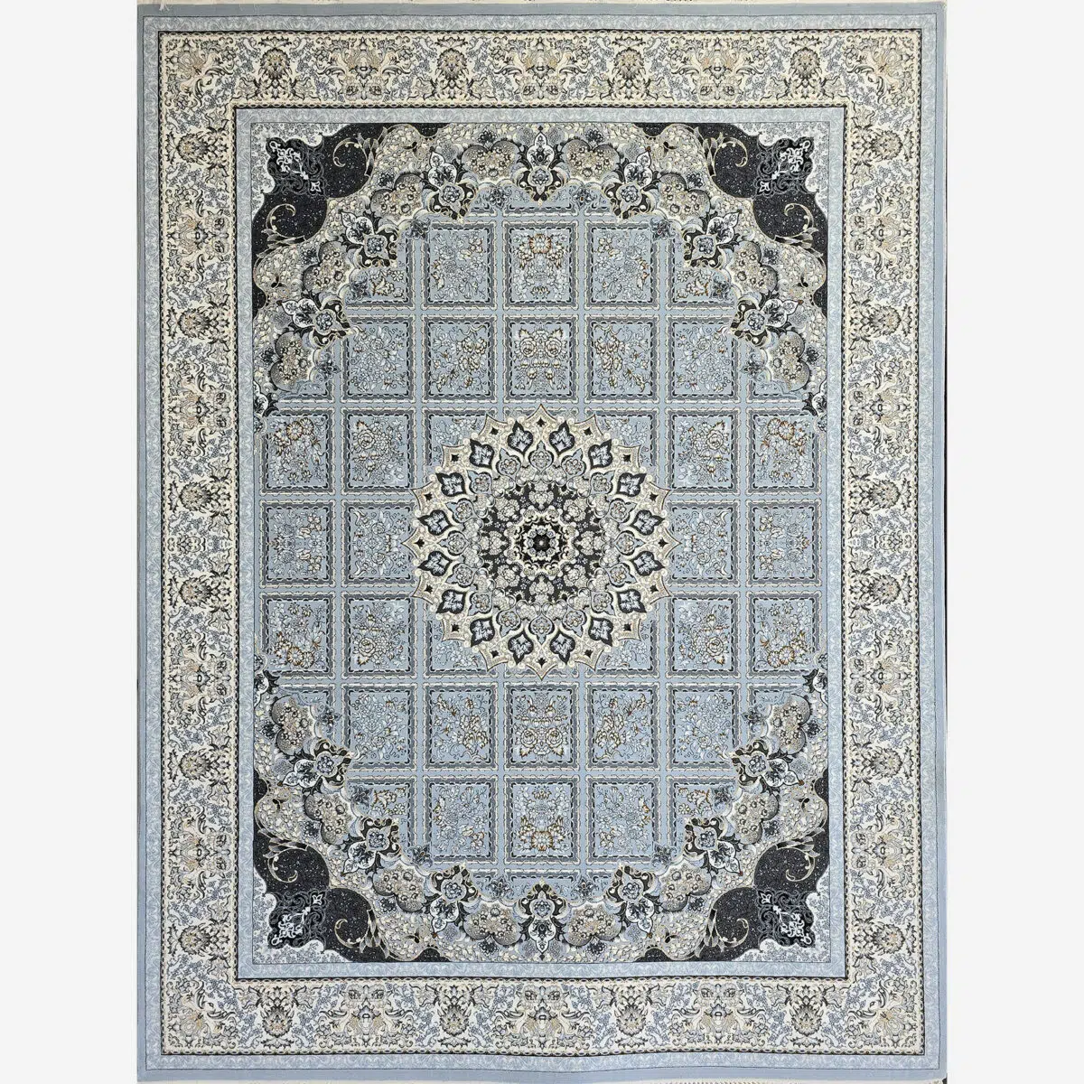 A full view of the Muscat Carpet, showcasing its elegant Persian-inspired design in soft blue and gold hues.