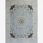 A full view of the Muscat Carpet, showcasing its elegant Persian-inspired design in soft blue and gold hues.