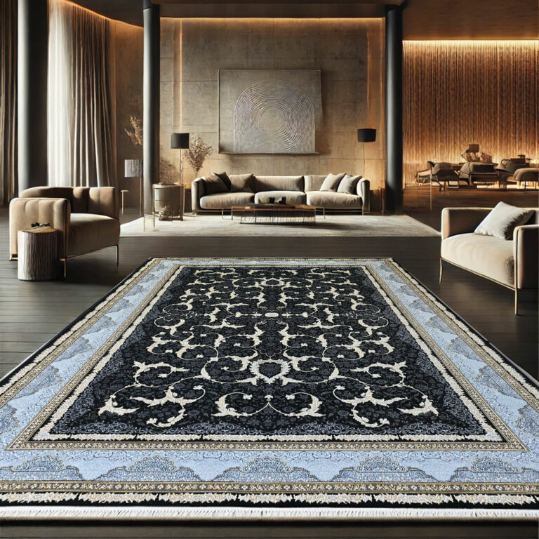 Black and gold classic Arabic carpet with intricate floral patterns, perfect for luxury interiors.