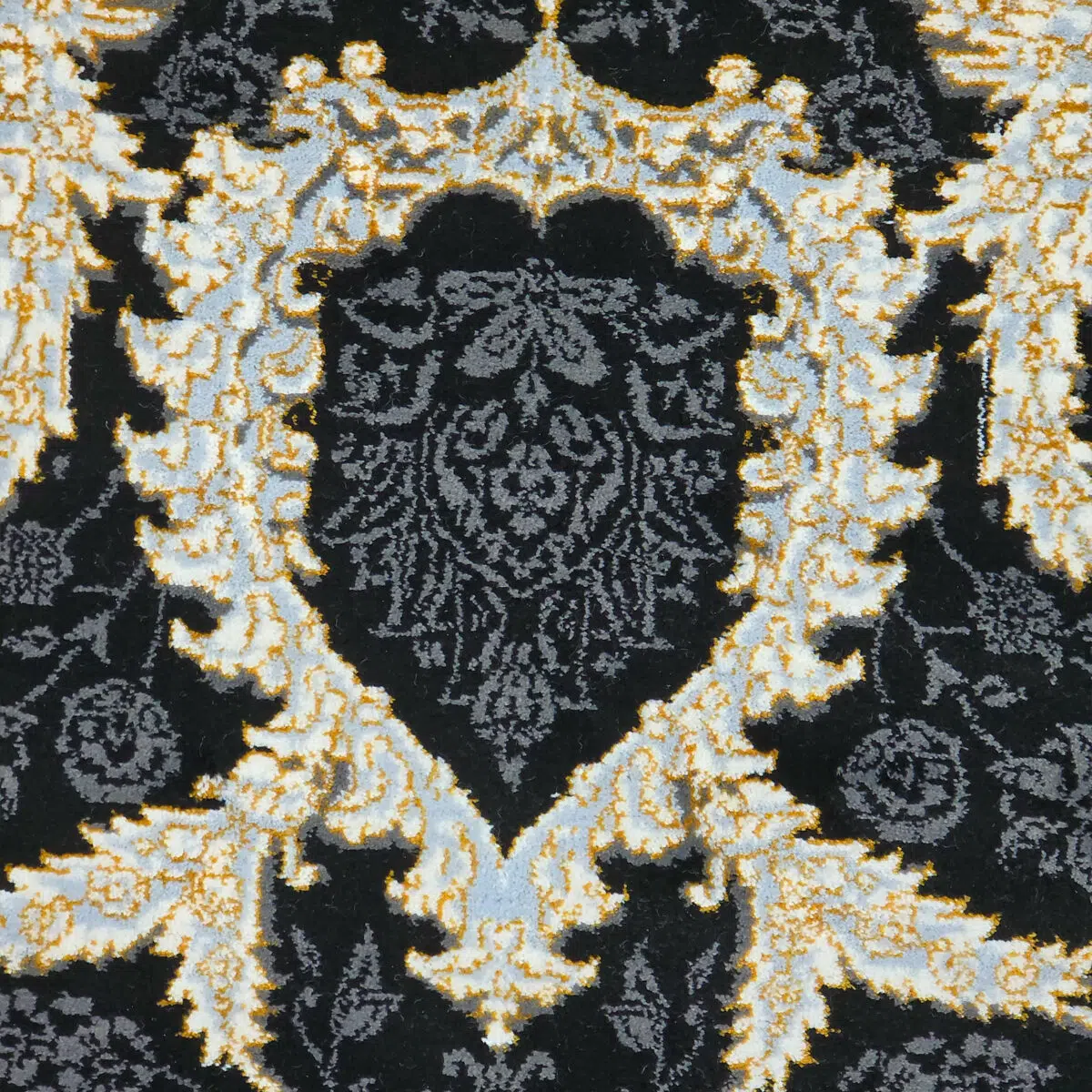 A finely detailed macro shot of the Jeddah Majesty Carpet’s woven structure, highlighting its intricate patterns and luxurious fibers.