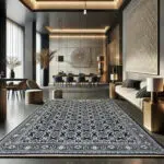 Premium black and gold Arabic carpet with geometric motifs, ideal for luxury interiors and majlis spaces.