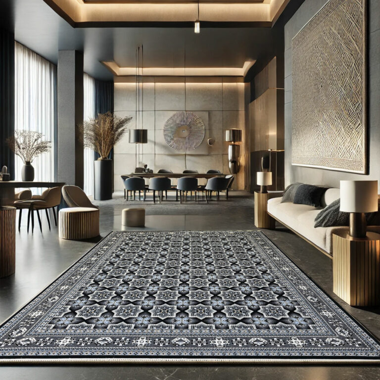 Premium black and gold Arabic carpet with geometric motifs, ideal for luxury interiors and majlis spaces.