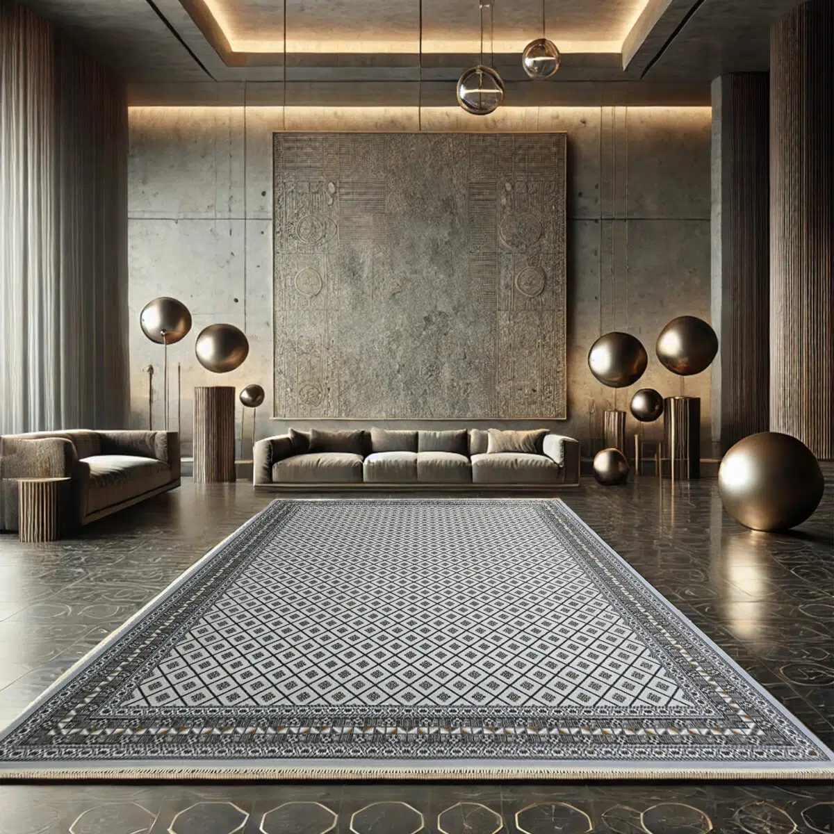 Elegant Manama Harmony Carpet placed in a luxurious modern interior with gold and neutral tones.