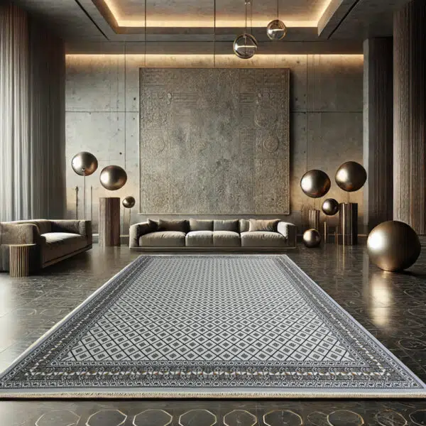 Elegant Manama Harmony Carpet placed in a luxurious modern interior with gold and neutral tones.