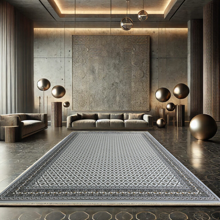 Elegant Manama Harmony Carpet placed in a luxurious modern interior with gold and neutral tones.