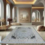 A luxurious Persian Muscat Carpet in soft blue and gold tones, featuring intricate floral and geometric motifs.