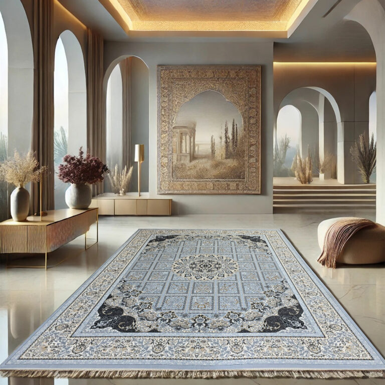 A luxurious Persian Muscat Carpet in soft blue and gold tones, featuring intricate floral and geometric motifs.