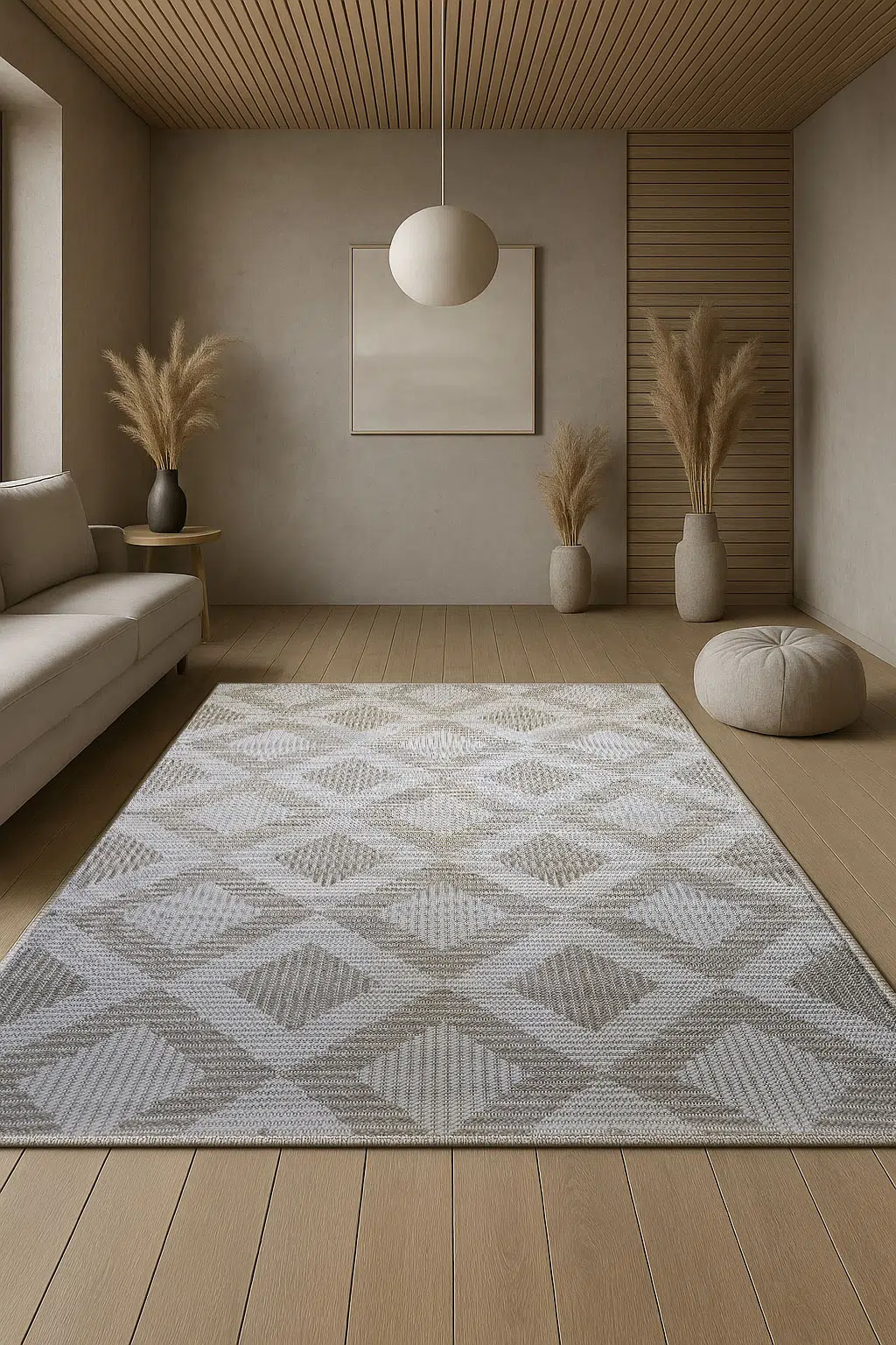 Minimalist room with Comet rug in beige and ivory diamond pattern