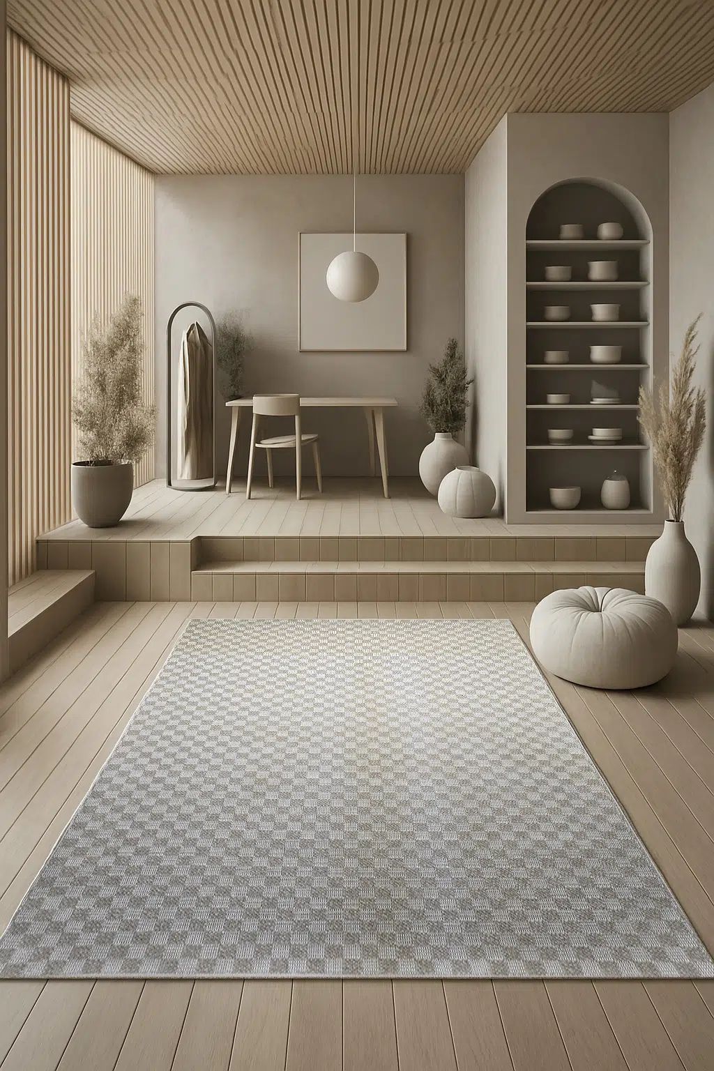 Helios beige rug with checkerboard pattern styled in a bright minimalist room with wood tones