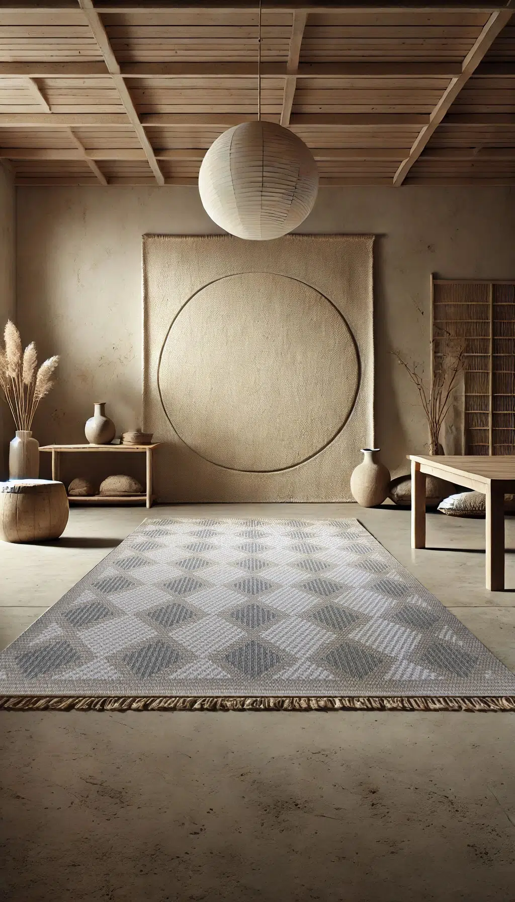 Crater rug styled in a Japandi-themed room with earthy elements