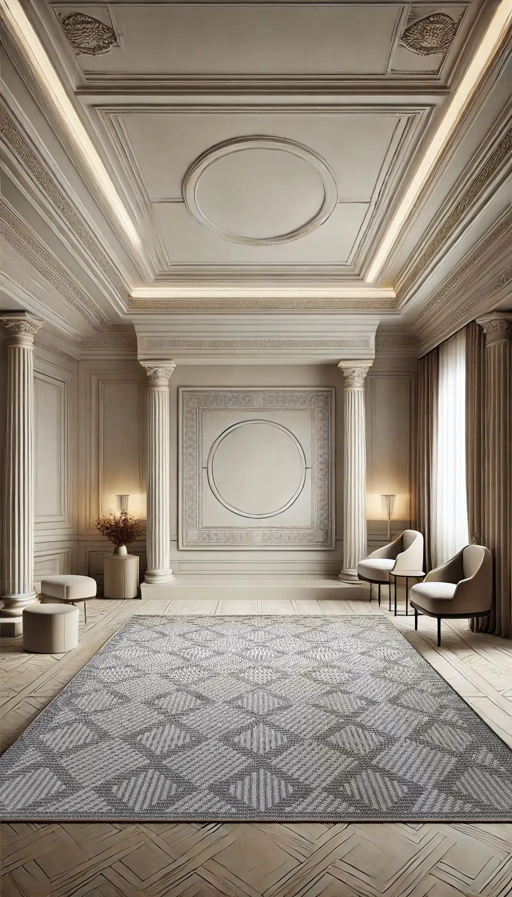 Luxurious Zephyr rug in a grand classical room with ornate walls and pillars