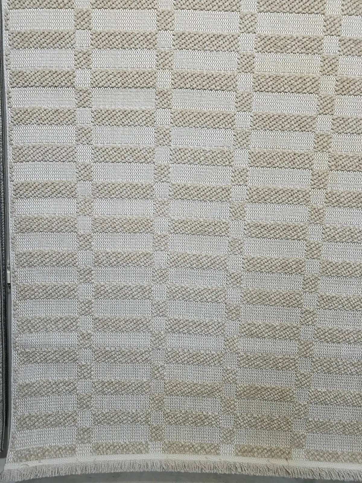 Bottom view of Umbra rug’s pattern with visible fringe.